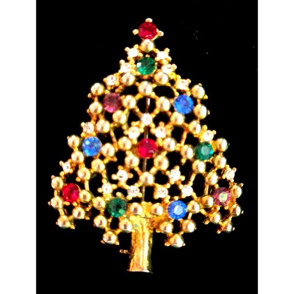 Eisenberg Ice Gold-Tone Rhinestone Christmas Tree Brooch Signed Vintage - Picture 1 of 8